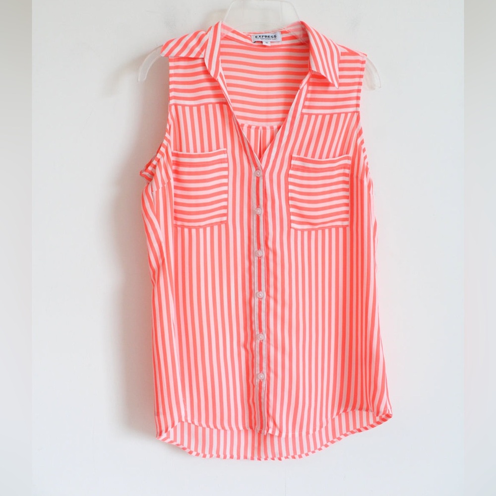 New Collared portofino button down sleeveless chiffon shirt bright peach/white m